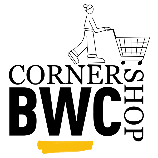 Logo for BWC Cornershop featuring a woman pushing a shopping trolley